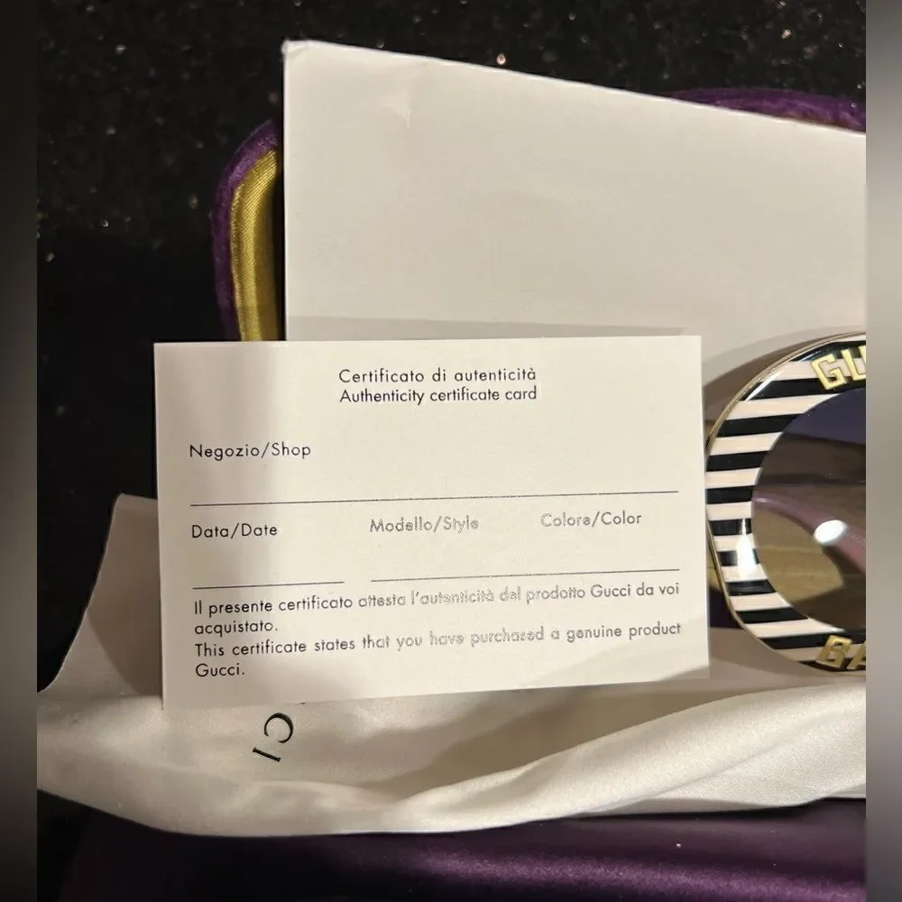 Gucci GG0113S 008 Sunglasses Women's Black+White Striped-Gold/Blue Gradient Lens - Picture 6 of 7